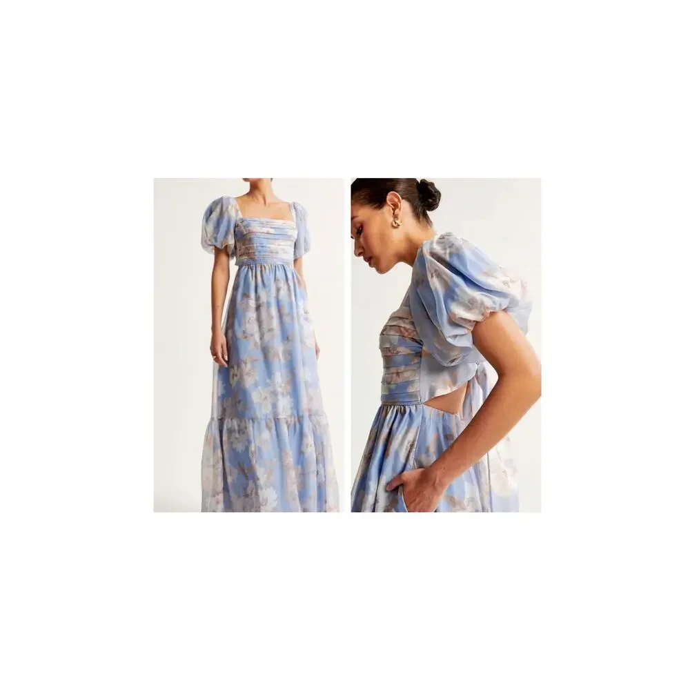 A&F Emerson Drama floral Bow-Back puff sleeve organza tiered Maxi Dress Sz Small